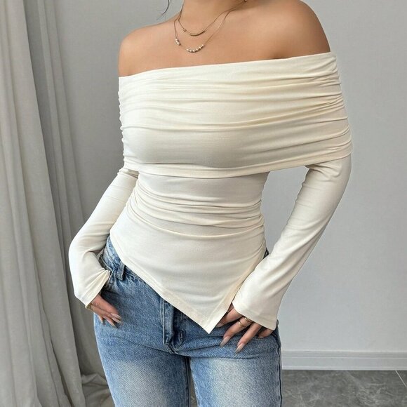 Apricot Casual Women's Off Shoulder T-Shirt - Picture 7 of 7